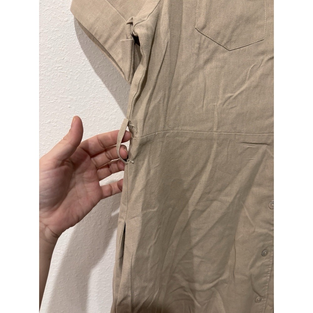 Tahari XL Linen Blend Beige Belted Utility Shirt Dress Short Sleeve Cuffed - Picture 8 of 16
